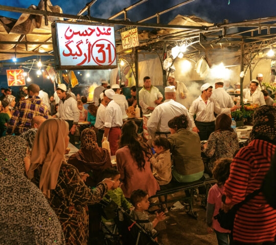 Jemaa el fna square, the famous night food market in the centre of Marrakesh's Medina, Morroco, West Africa.