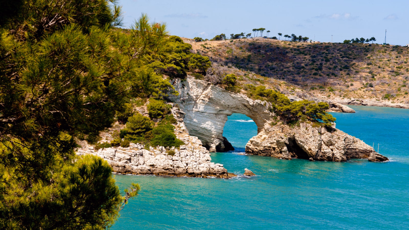 Gargano national park in Puglia, Italy, with a dramatic rock archway eroded out of the coastline through which bright blue sea is visible