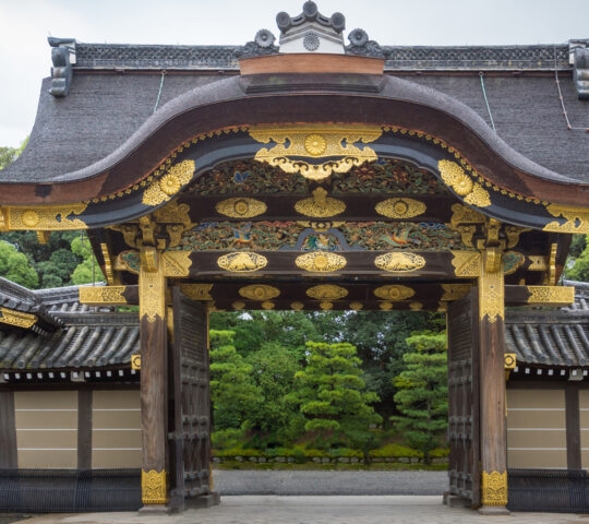The highly decorated Karamon Gate of Nijo Castle featuring golden details, dark wood carvings, and a curved roof line.