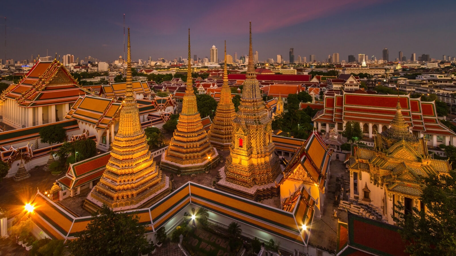 Wat Pho temple at twilight, Bangkok, Thailand