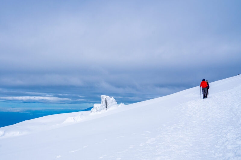 Group of trekkers hiking among snows and rocks of Kilimanjaro mountain