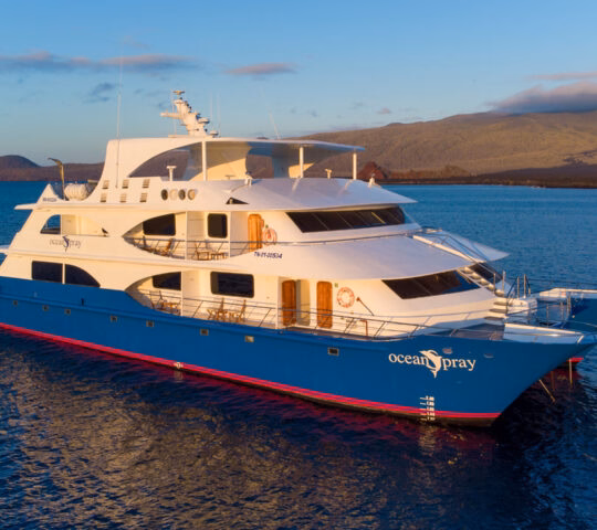 Aerial view of the Ocean Spray yacht moored at sea, the Galapagos Islands, Ecuador