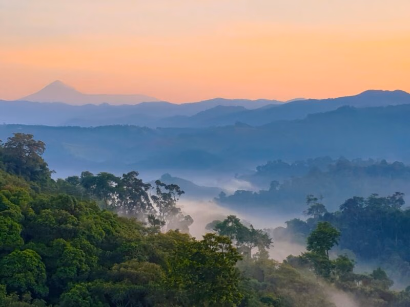 A misty, verdant, layered mountainous landscape at sunrise with a distant volcanic peak. Experience the views on luxury Rwanda trips.