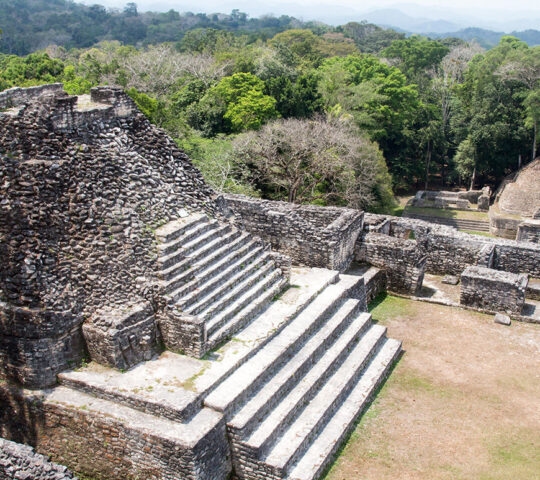 Elevated view of ancient Mayan stone ruins featuring large, wide steps and mossy walls, surrounded by jungle. See on luxury Belize tours.