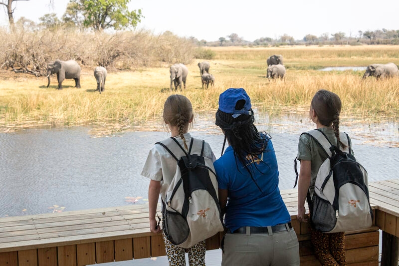 Two children with backpacks and a guide look out at a herd of elephants across a river.