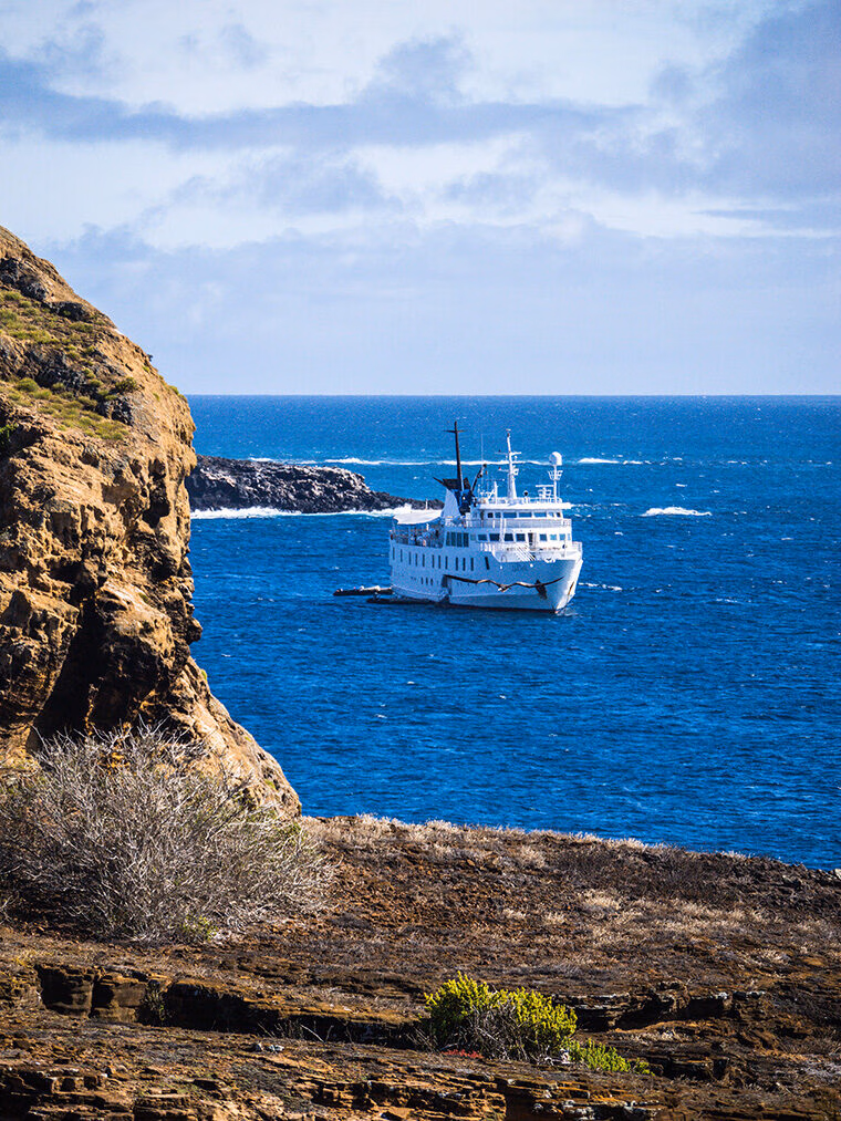 A white cruise ship sailing on the blue ocean near a rocky coast under a blue sky with some white clouds. luxury Galapagos cruises.