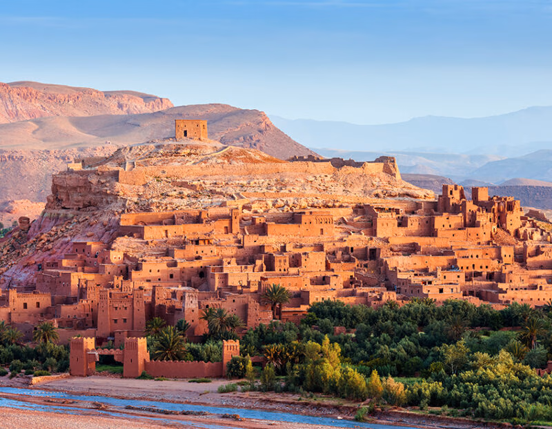 View of Aït Ben Haddou at dawn - an ancient red city in Morocco, North Africa on a luxury Morocco trip