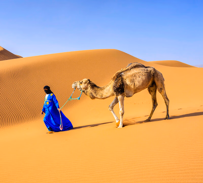Young Tuareg with camel on Western Sahara Desert in Africa on a luxury Morocco vacation