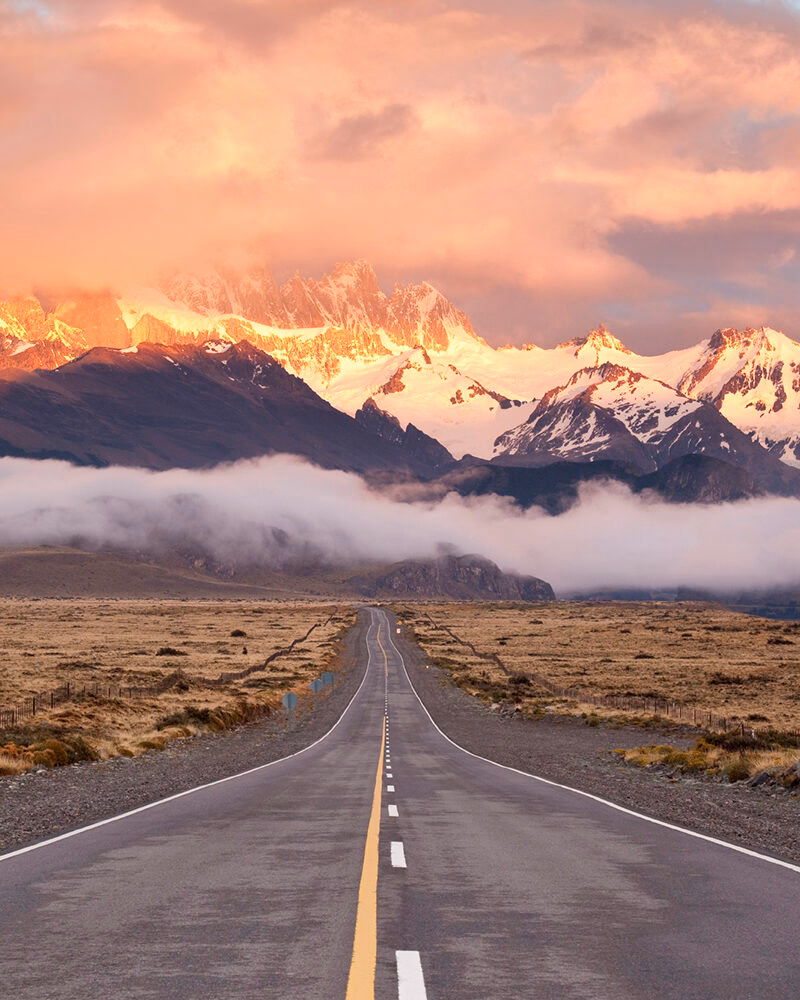 Cloudy sky over empty highway in Argentina Patagonia, on a luxury Patagonia vacation
