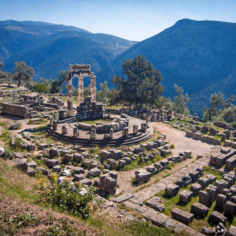 Luxury Greece Tours - Temple of Athena, in Delphi, the ancient ruins of a temple with columns