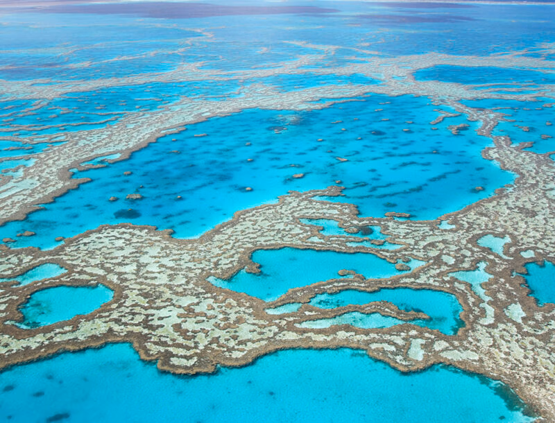 An aerial view of the Great Barrier Reef, showing shallow, complex coral formations in bright turquoise water, part of luxury Australia holidays.