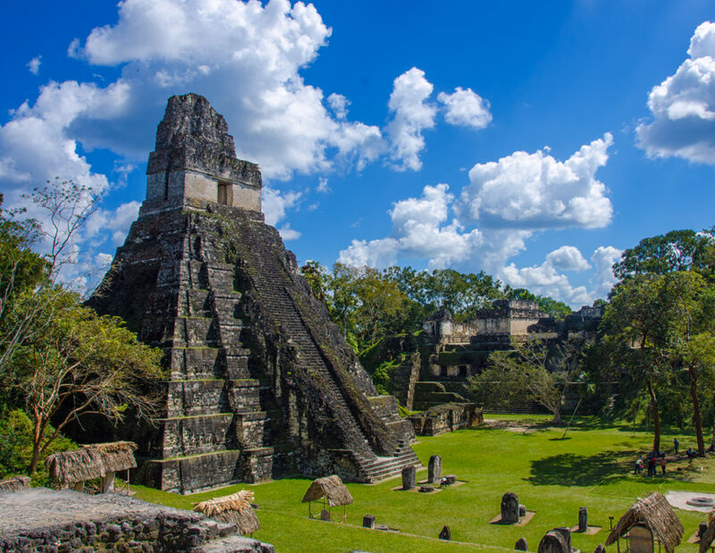 Large, ancient, stepped Mayan pyramid temple in Tikal surrounded by bright green grass and dense tropical trees.