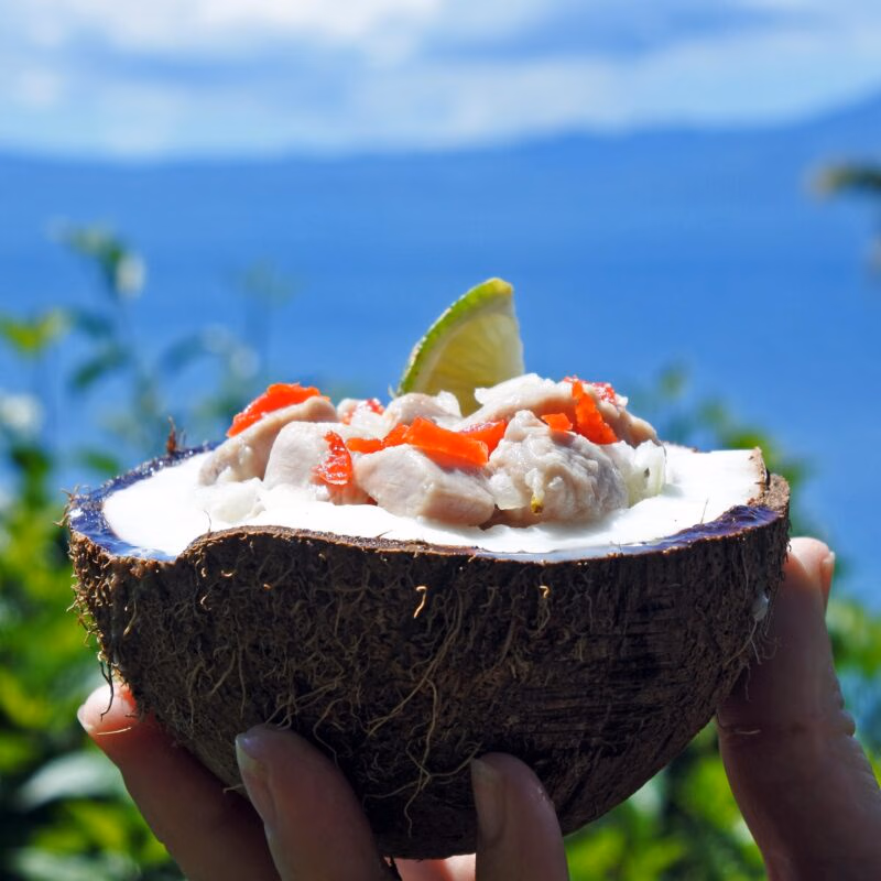 Raw fish salad served in a coconut shell with lime and peppers during luxury South Pacific vacations.