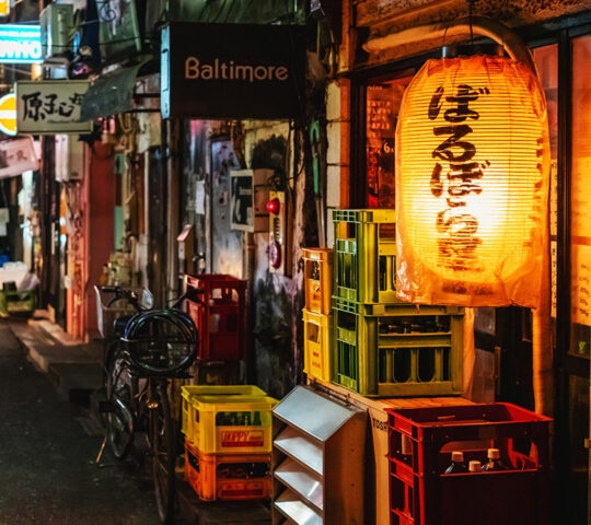 Narrow atmospheric Tokyo alley at night lined with small izakaya bars and illuminated by hanging red lanterns.