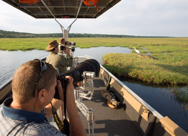 Photographers on a boat taking pictures of wildlife in the marshes during luxury Okavango Delta Tours.