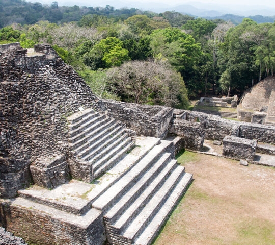 Ancient stone pyramid ruins and courtyards nestled within a thick green tropical forest.