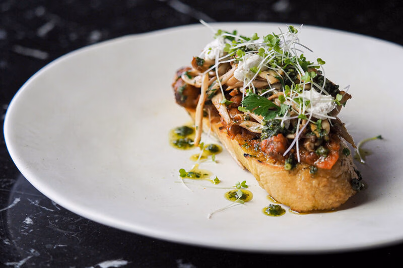 Mushroom and tomato bruschetta with microgreens on a white plate for Luxury food and wine Tours.