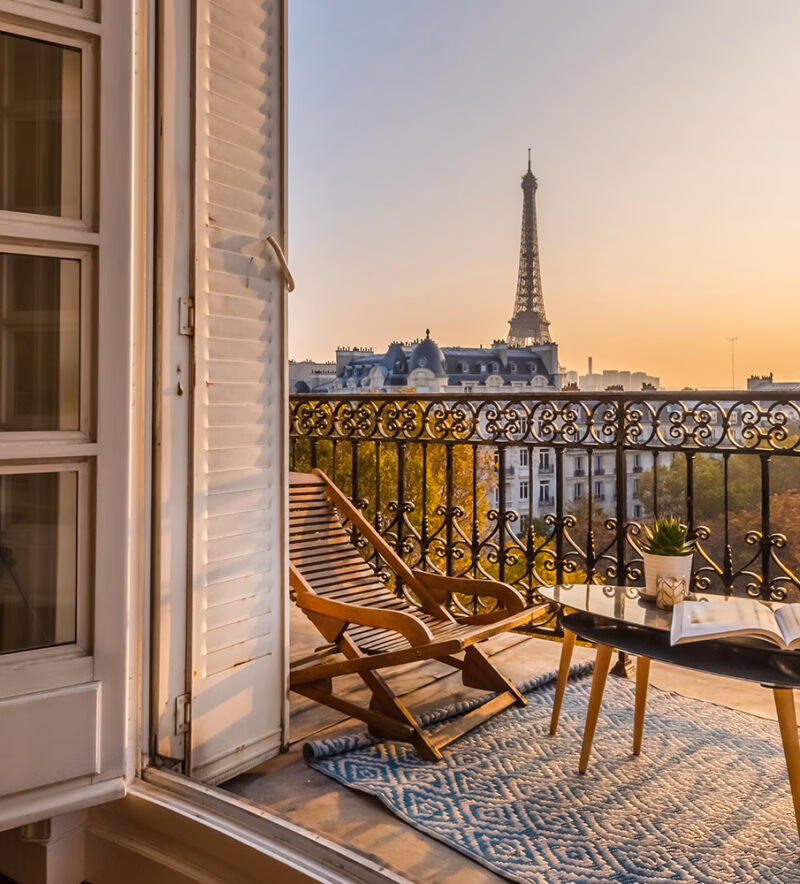 View of the Eiffel Tower from a hotel balcony