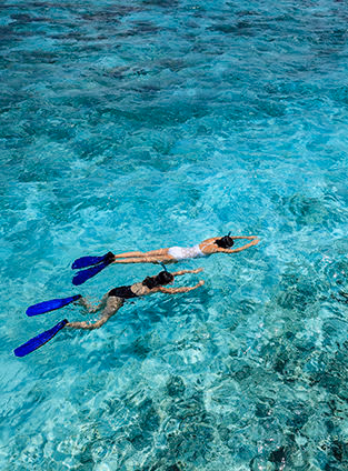 Two people snorkeling in clear turquoise ocean water on luxury Indian Subcontinent tours.