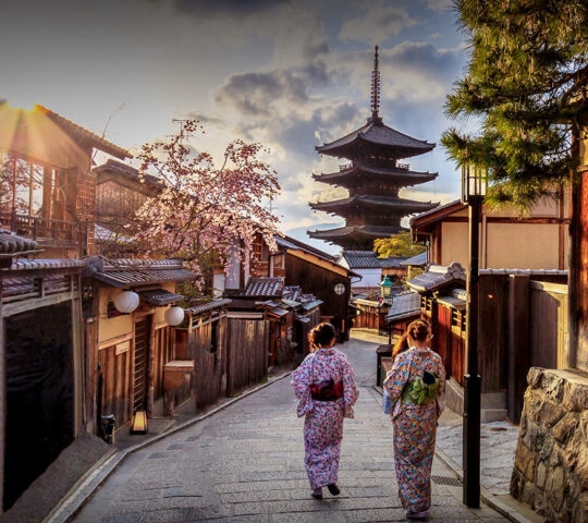 A scenic street view of traditional Japanese architecture and a pagoda during luxury history tours.