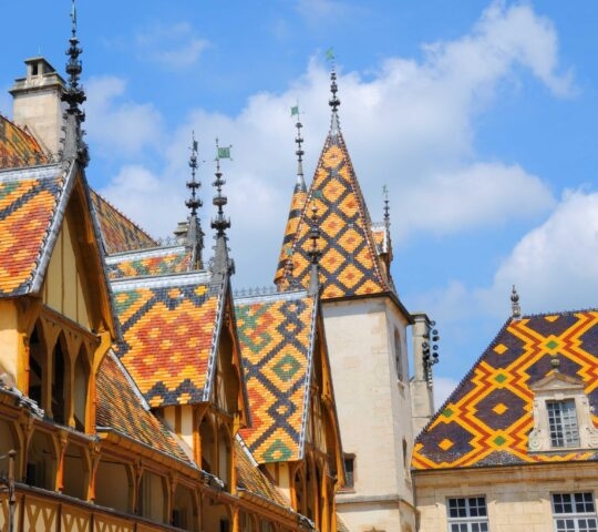 Colourful tiled roofs with geometric patterns