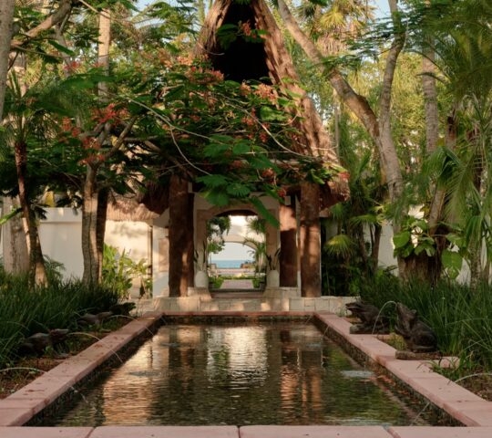 A symmetrical garden scene with a central water feature, frog statues, and a thatched pavilion framed by trees.