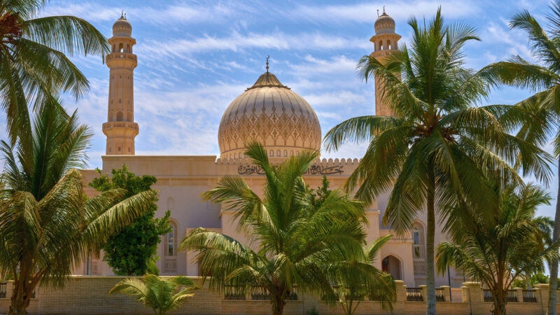 A beautiful white mosque with golden domes seen through palm fronds on luxury Oman trips.