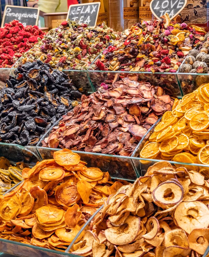 Assorted dried fruits and teas including Pomegranate and Relax Tea on luxury Turkey Asia trips.