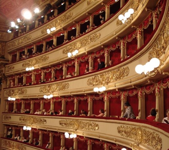 The interior of La Scala in Milan. One of the world's most prestigious opera houses, famed for its opulent interior, superb acoustics, and historic significance in the performing arts.