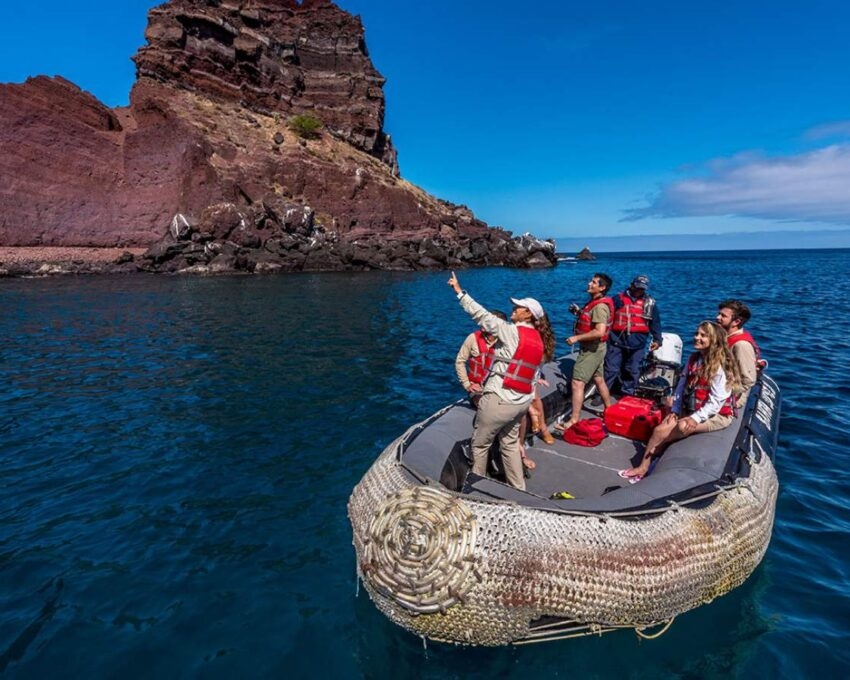 A small group take a Panga ride on the waters of the Galapagos