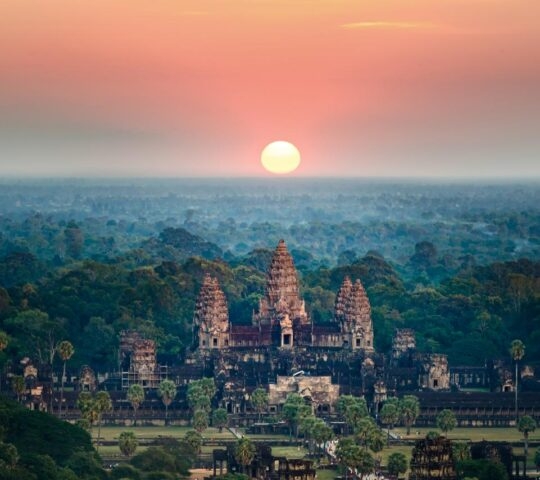 Beautiful aerial view of Angkor Wat at sunrise Siem reap Cambodia