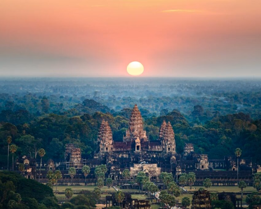 Beautiful aerial view of Angkor Wat at sunrise Siem reap Cambodia