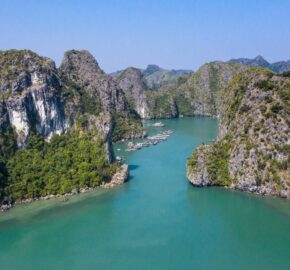 Aerial view of Floating fishing village in Lan Ha Bay, Vietnam. UNESCO World Heritage Site. Near Ha Long bay