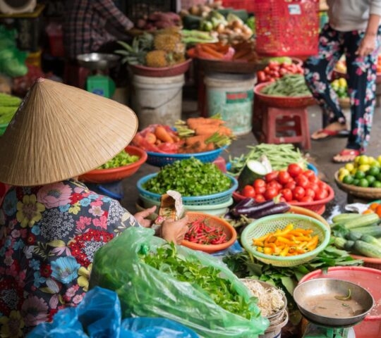A person wearing a conical hat surrounded by blue and red bowls filled with tomatoes, peppers, and greens.