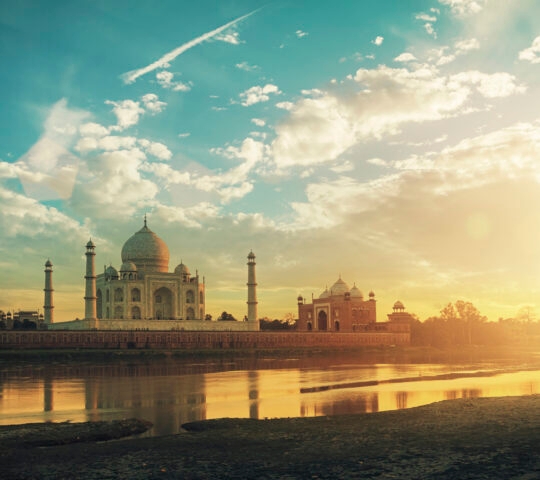 Taj Mahal, Agra, India in the lights of the sunset.