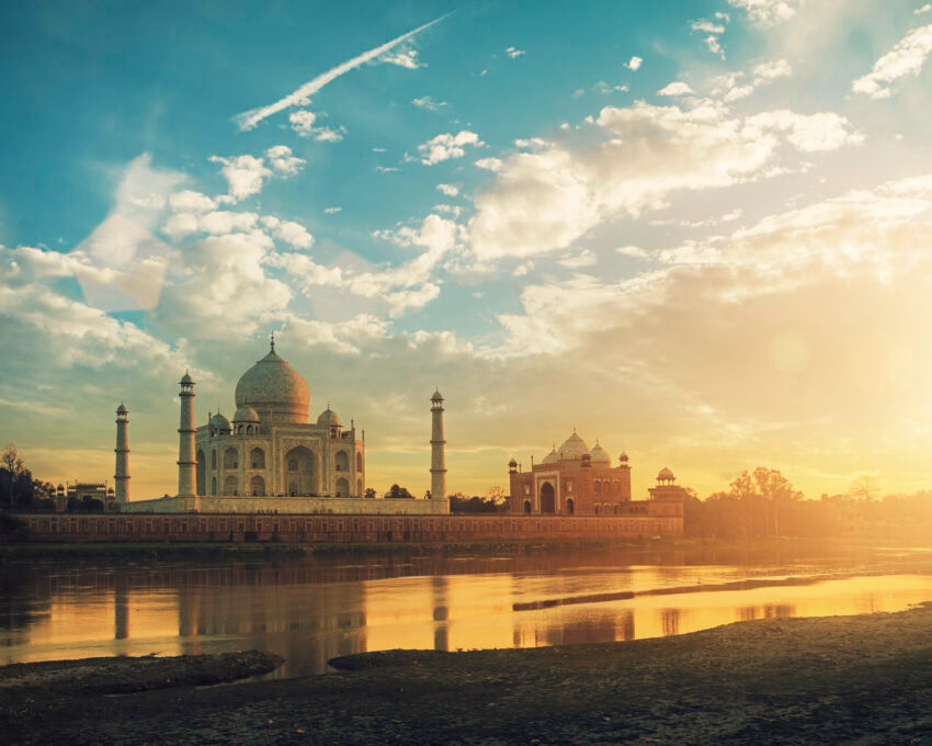 Taj Mahal, Agra, India in the lights of the sunset.