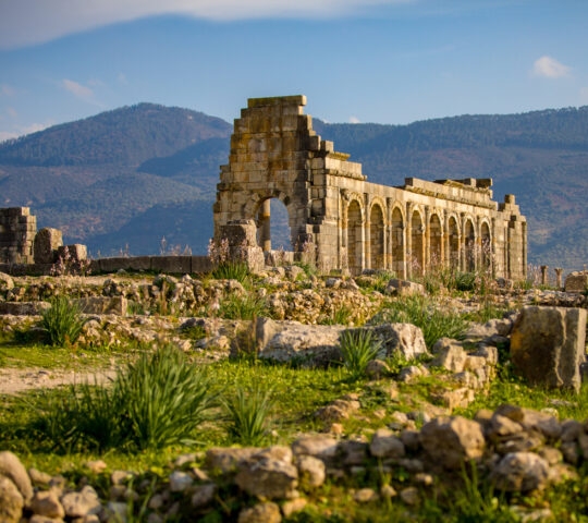 Roman-style stone ruins with large archways situated in a green field with mountains in the background.