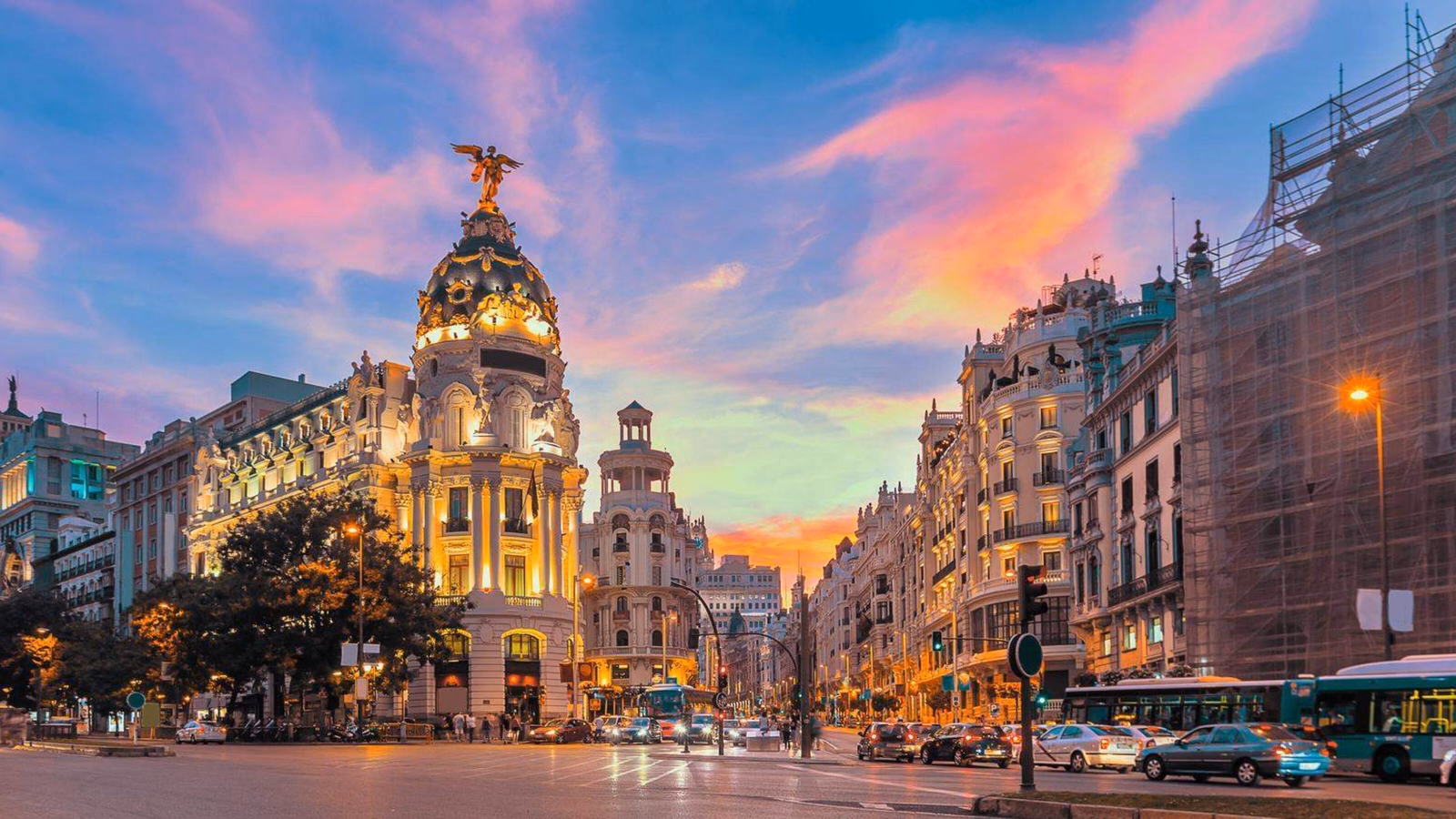 Madrid city skyline Gran via Street at twilight, Spain