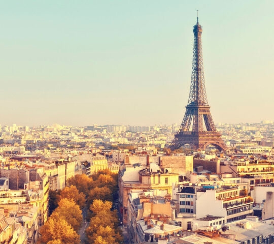 The Eiffel Tower stands tall over the Paris city skyline and autumn-colored trees during the day.