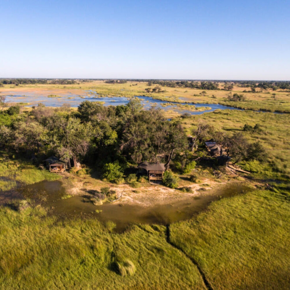 Aerial view of lodges in the African wilderness