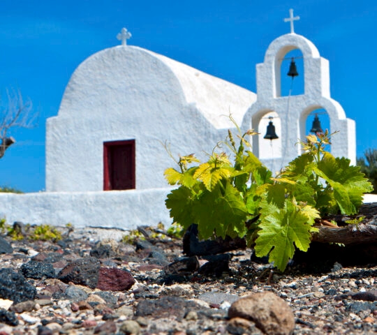 A white-washed church with a three-bell tower and small crosses against a deep blue sky with green foliage in front.