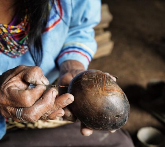 Amazonian woman carefully hand painting mokawas