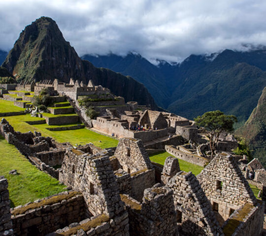 The ancient ruins of buildings at Machu Picchu