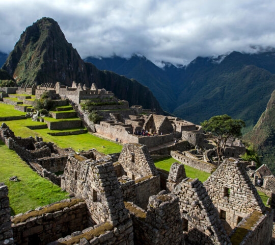 The ancient ruins of buildings at Machu Picchu