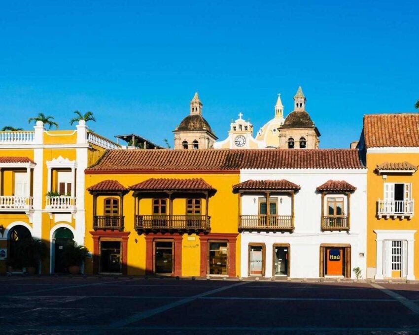 Cartagena de Indias/ Bolivar/ Colombia - July 20, 2018: Colonial houses on the "PLaza de la Aduana"