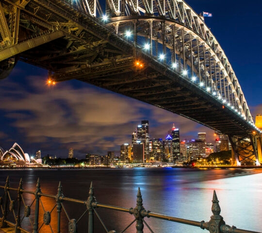 Illuminated Sydney Harbour Bridge and city skyline at night from a waterfront perspective.
