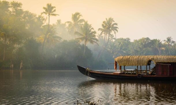 A traditional house boat in Kerala's Backwaters, India.