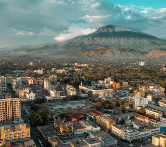 Aerial view of Arusha City in front of Mount Meru, Tanzania