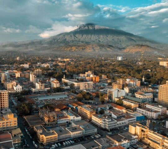 Aerial view of Arusha City in front of Mount Meru, Tanzania