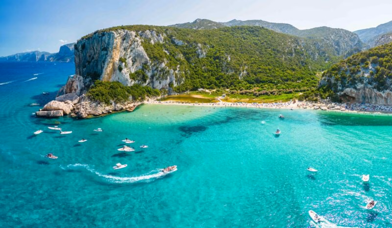 Aerial drone view of the vibrant Cala Luna Beach on Sardinia island, Italy